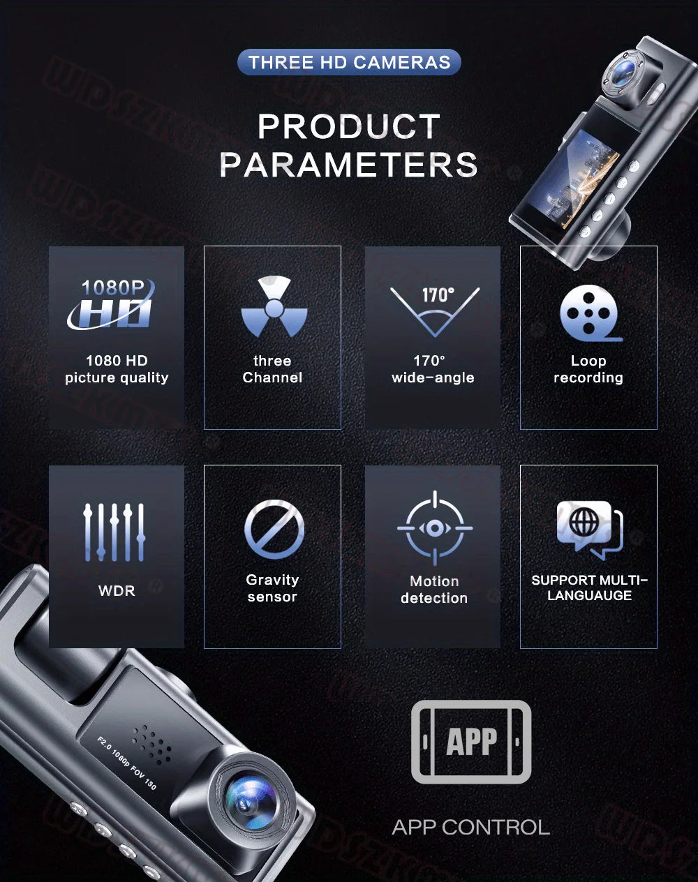 WIFI APP Control Car Dvr 2/3 Channel 1080P Dash Cam for Cars Front optional Rear View Recorder Video Car Camera Car Assecories