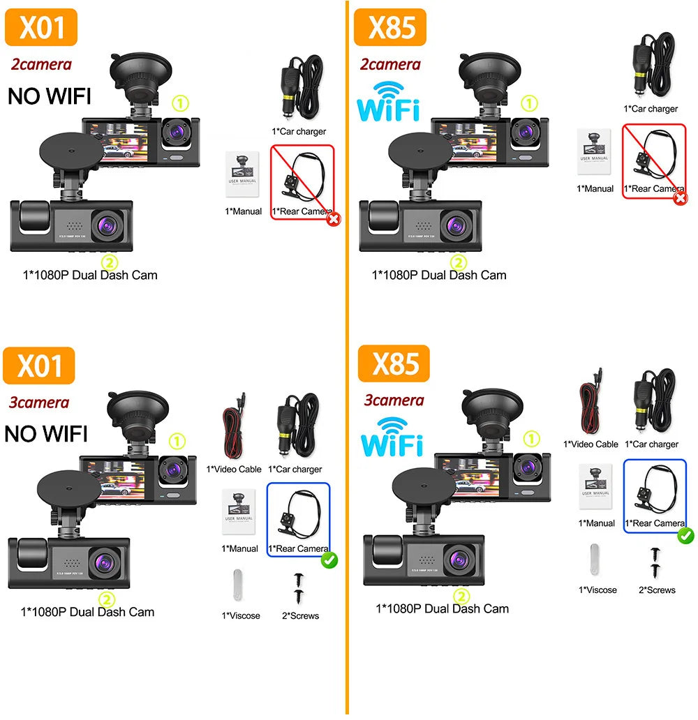 WIFI APP Control Car Dvr 2/3 Channel 1080P Dash Cam for Cars Front optional Rear View Recorder Video Car Camera Car Assecories