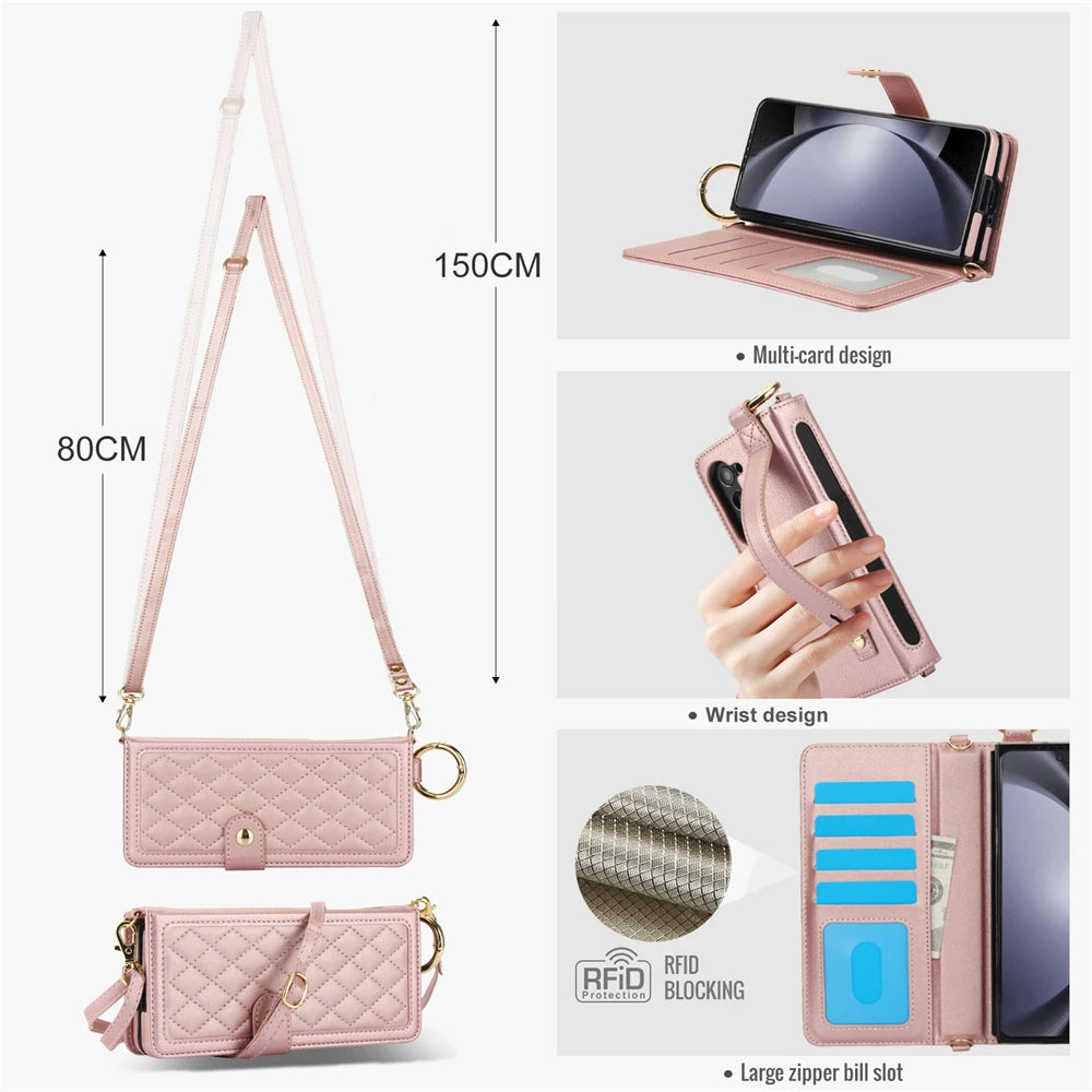 Luxury Crossbody Lanyard Leather Wallet Card Case for Samsung Galaxy Z Fold 7 6 5 4 3 Fold6 5G Wrist Rope Flip Stand Cover Coque