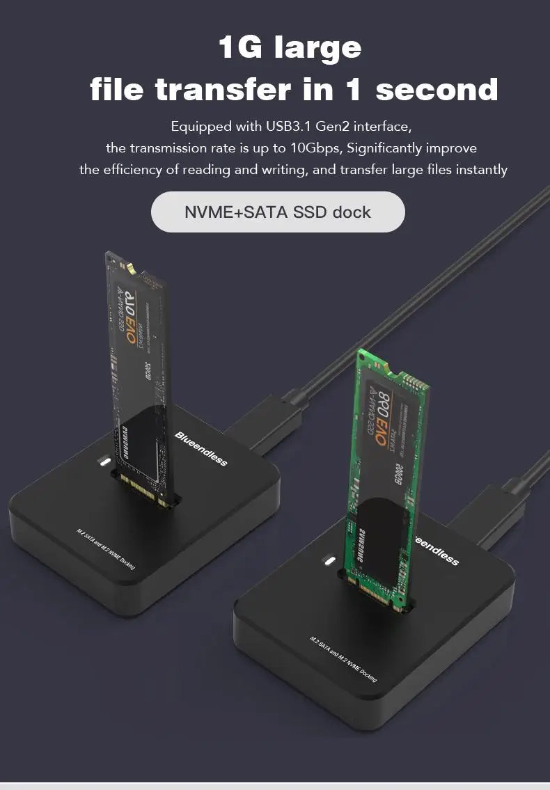 External SSD Hard Disk M.2 SSD Enclosure 10Gbps Read Writing Speed SSD Case For M.2 NVME SATA SSD Docking Station Plug and Play