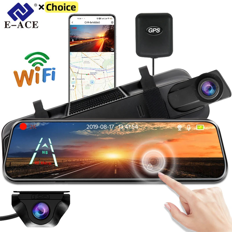 E-ACE 2K Car DVR WIFI GPS Stream Media Mirror Optional 1080P Car Video Camera Night Vision Loop Recording 24H Parking Black Box