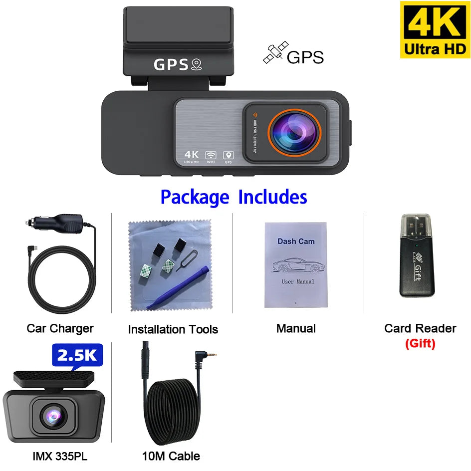 Dash Cam 4K UHD Recording Car Camera DVR Night Vision Video Recorder GPS Wi-Fi  Support Dual Lens Room 2.5K Rear View Camera