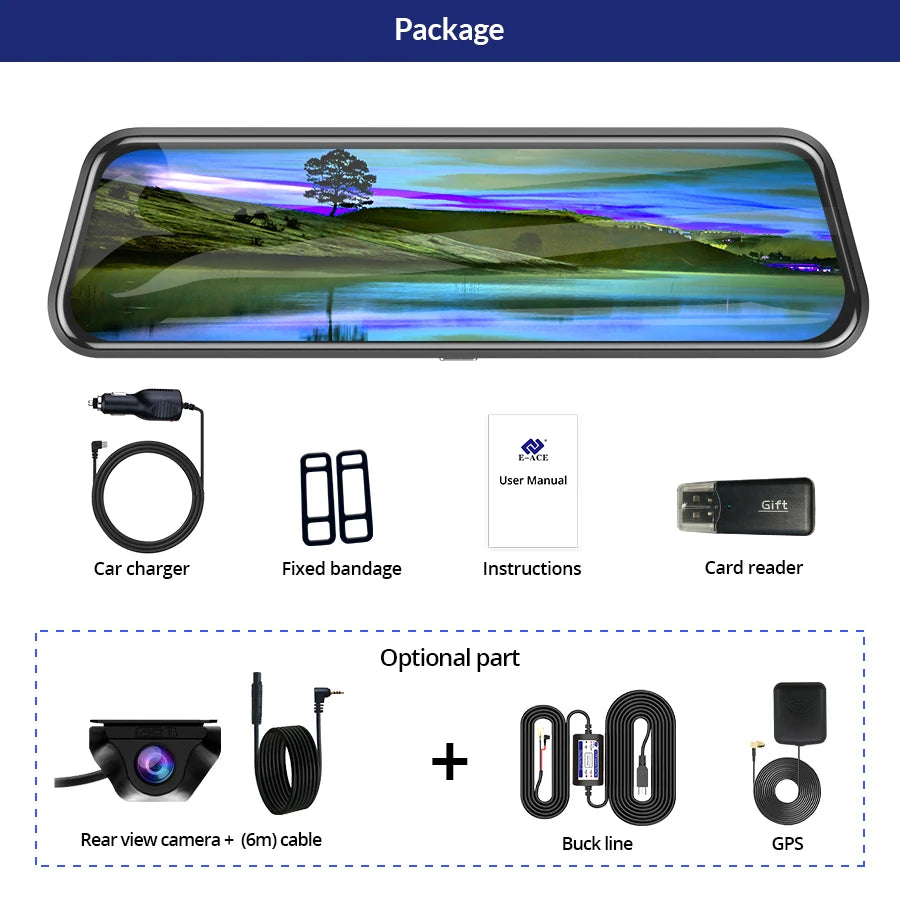 E-ACE 2K Car DVR WIFI GPS Stream Media Mirror Optional 1080P Car Video Camera Night Vision Loop Recording 24H Parking Black Box