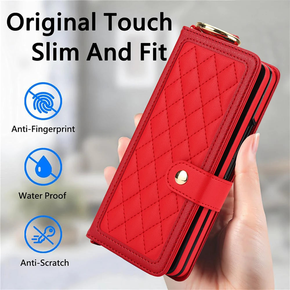 Luxury Crossbody Lanyard Leather Wallet Card Case for Samsung Galaxy Z Fold 7 6 5 4 3 Fold6 5G Wrist Rope Flip Stand Cover Coque