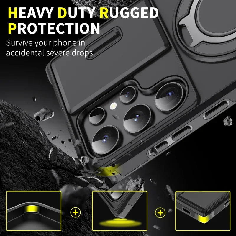 Case For Samsung Galaxy S25 S24 S23 S22 S21 Ultra Plus S24FE S23FE Slide Camera Protect Magnetic holder Armor Shockproof Cover