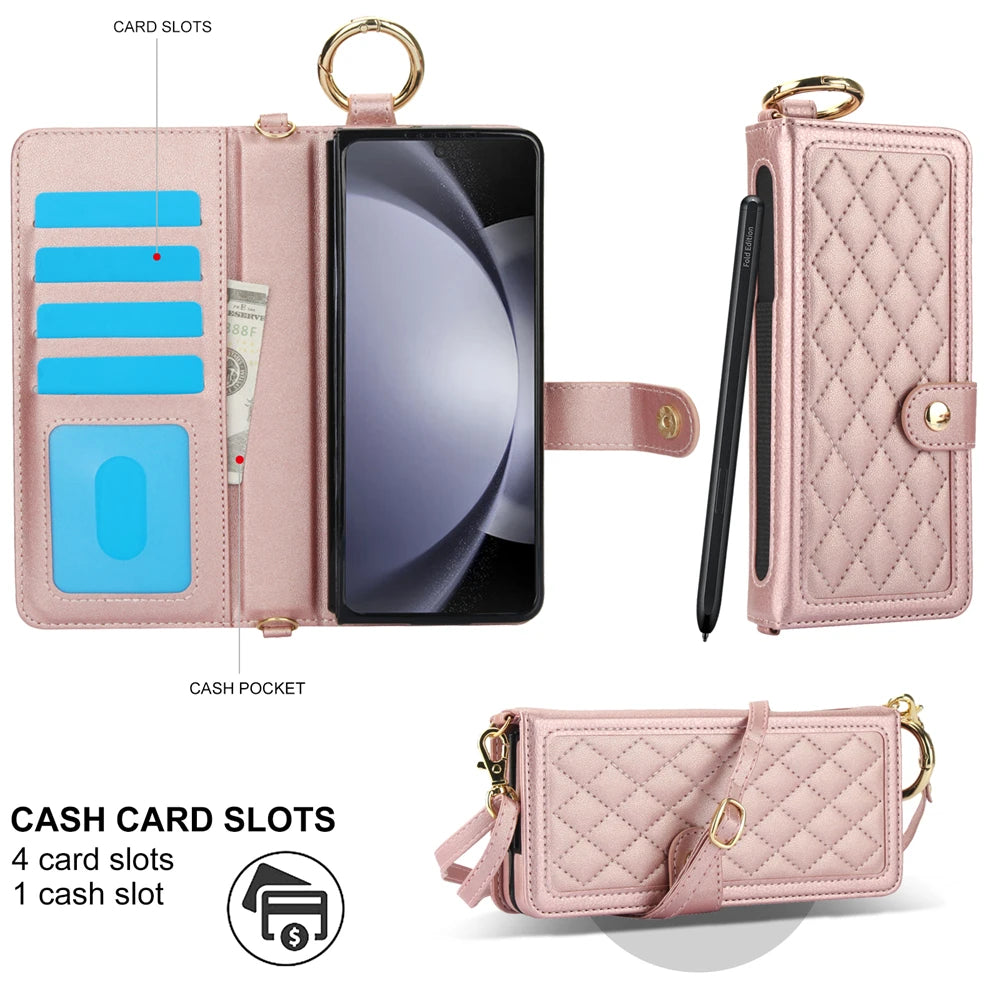 Luxury Crossbody Lanyard Leather Wallet Card Case for Samsung Galaxy Z Fold 7 6 5 4 3 Fold6 5G Wrist Rope Flip Stand Cover Coque