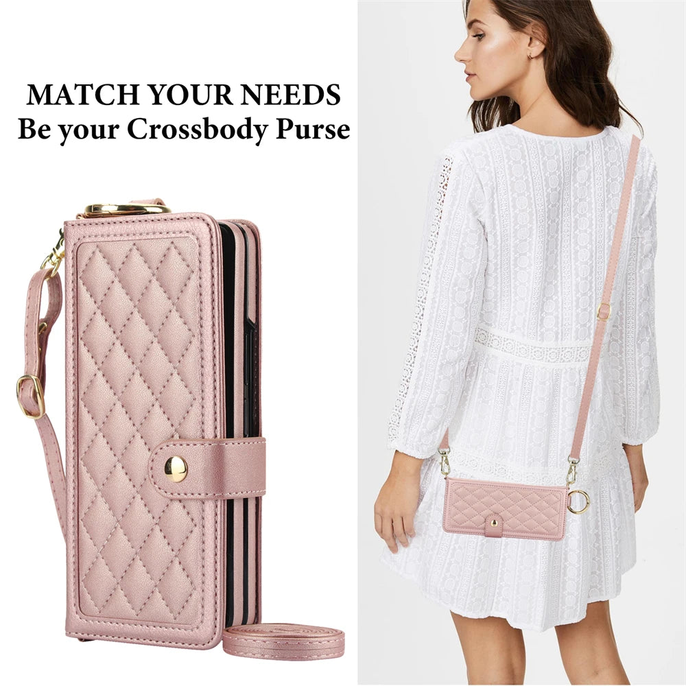 Luxury Crossbody Lanyard Leather Wallet Card Case for Samsung Galaxy Z Fold 7 6 5 4 3 Fold6 5G Wrist Rope Flip Stand Cover Coque