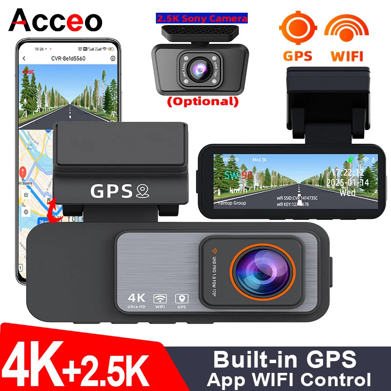 Dash Cam 4K UHD Recording Car Camera DVR Night Vision Video Recorder GPS Wi-Fi  Support Dual Lens Room 2.5K Rear View Camera
