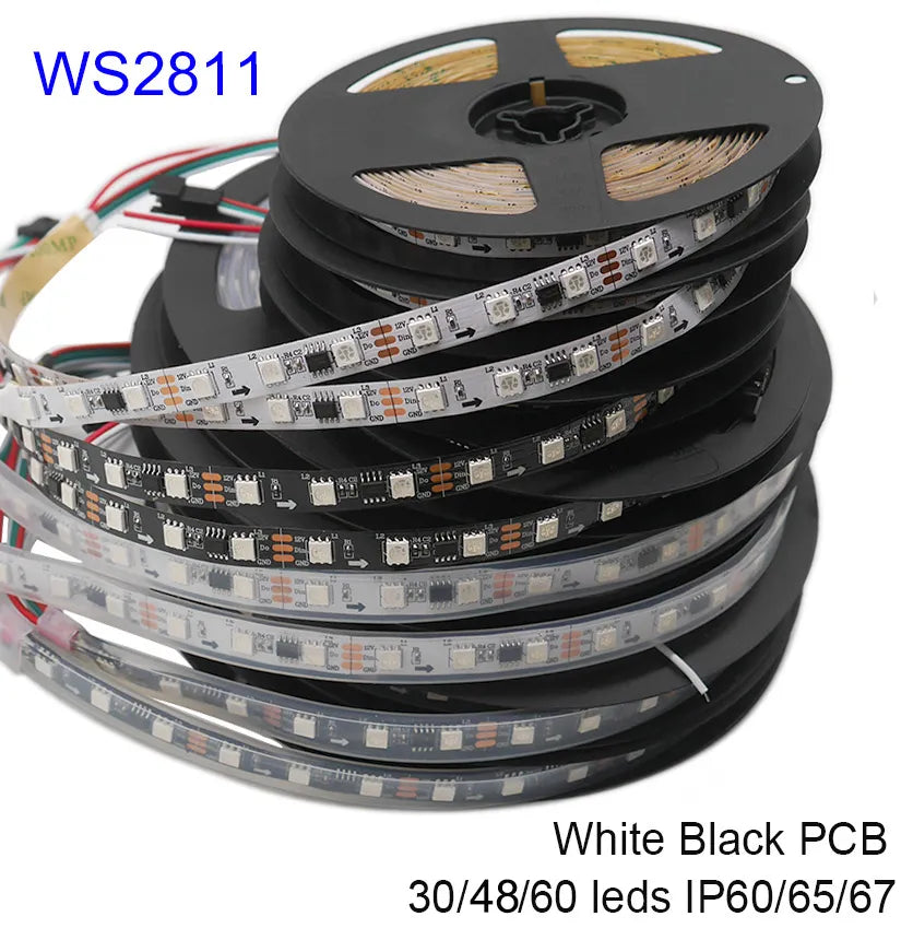 WS2811 Smart Pixel LED Strip DC12V 30/48/60leds/m 5m/lot White/Black PCB Full Color RGB LED Light Strip Neon